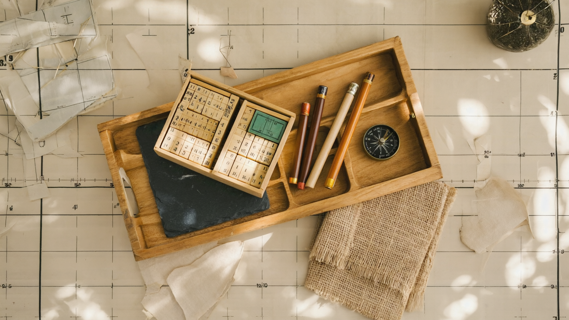 Flatlay-Stillleben mit Holztablett, Rechensteinen, Schiefertafel und Notizbuch auf Cremepapier mit Rasterstruktur