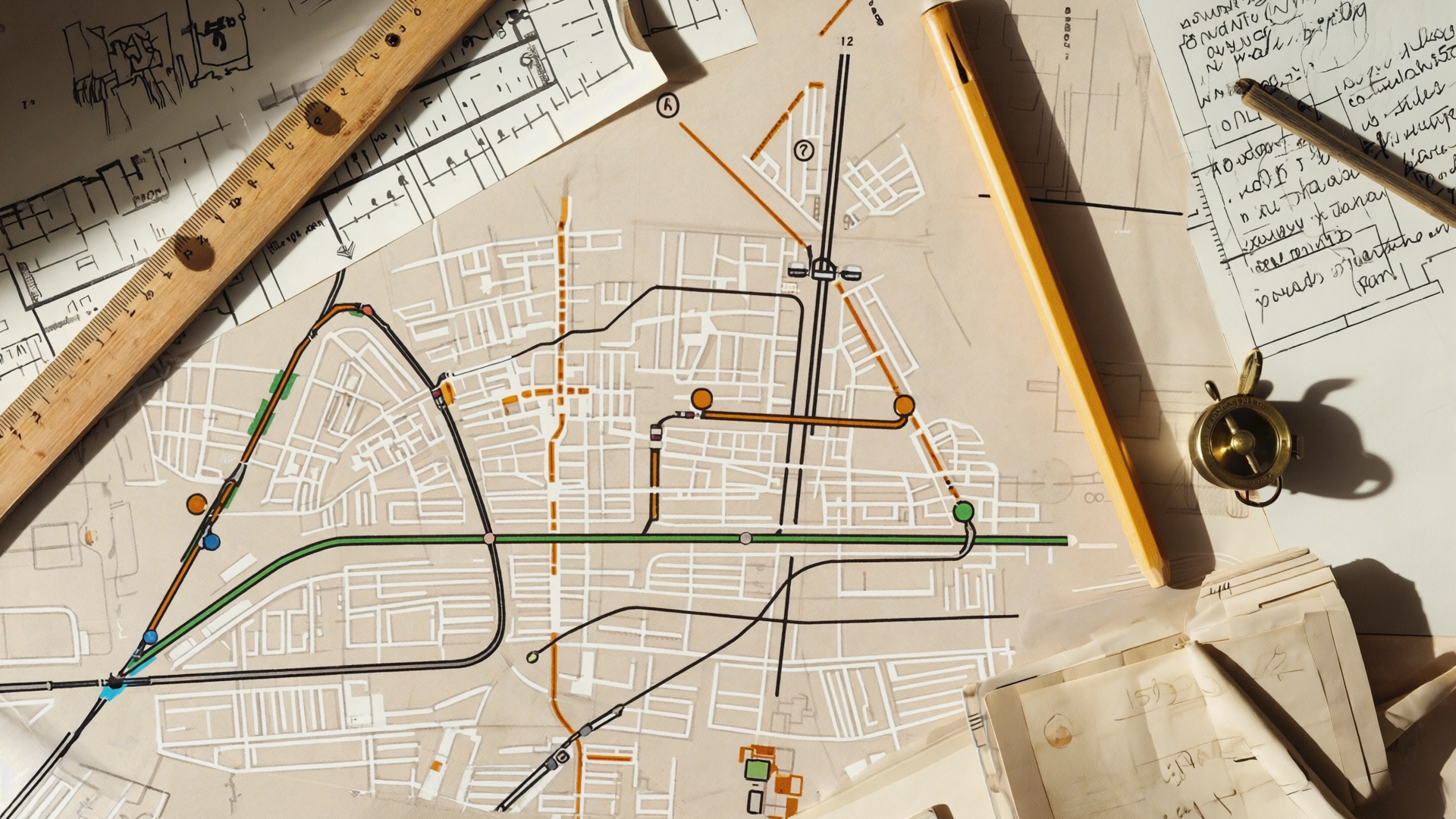 Ausschnitt eines Stadtplans mit handgezeichneten Linien für Schulwege, daneben Lineal und Bleistift auf Cremepapier