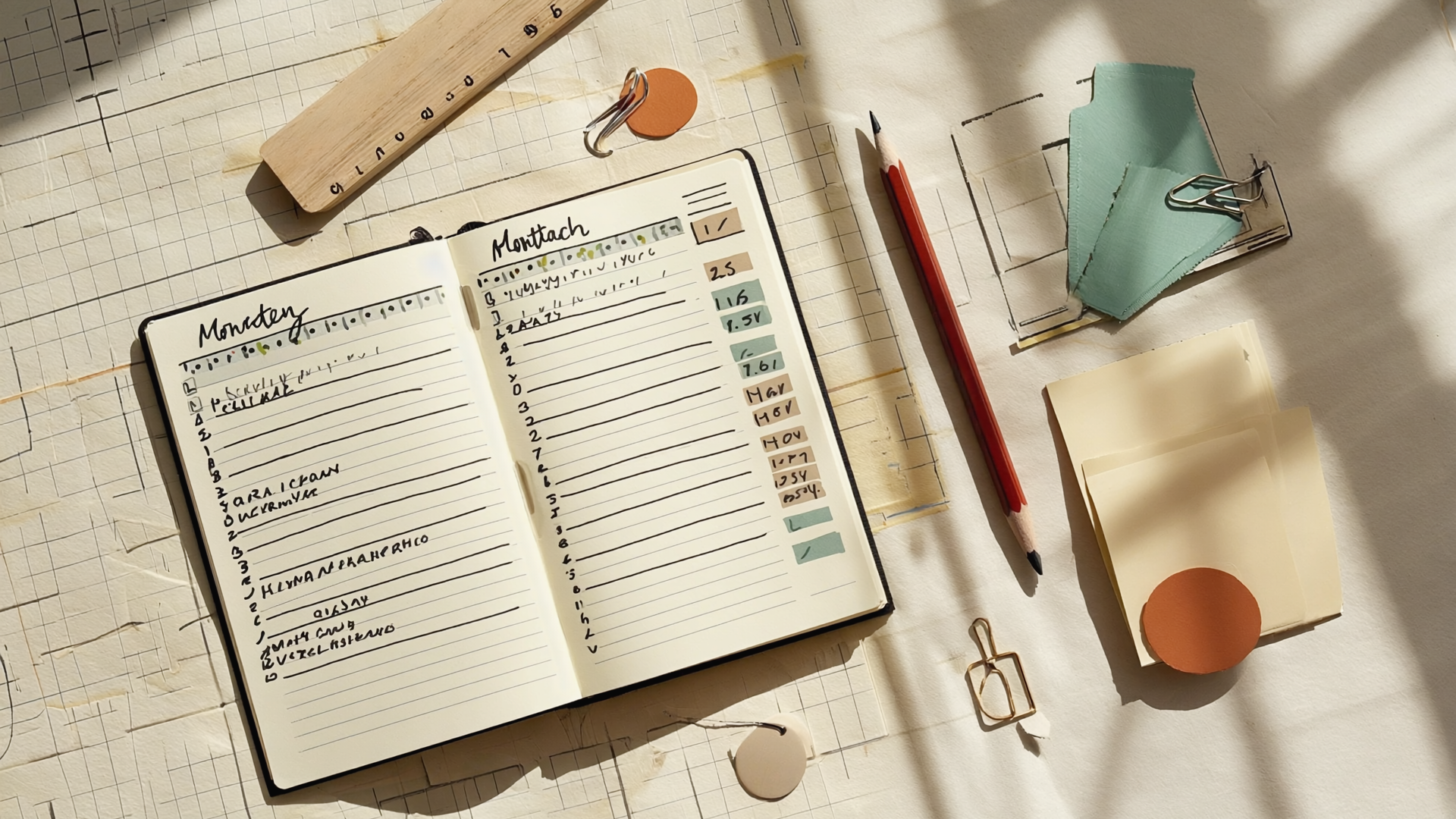 Aufgeschlagenes Wochenplan-Heft mit handschriftlichen Einträgen, daneben Bleistift, Lineal und farbige Klebepunkte